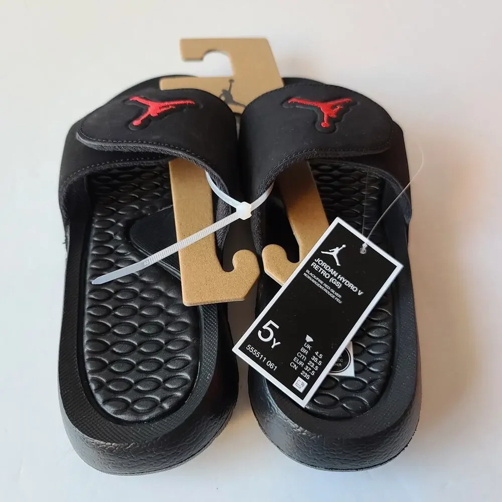 Air Jordan Hydro V Retro Black Fire Red Silver 555511-061 Size 5Y Youth Slides